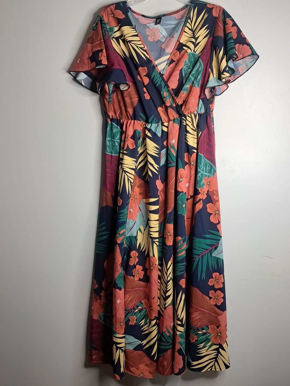 Tropical Floral Navy Faux Wrap Dress - Multi-Color